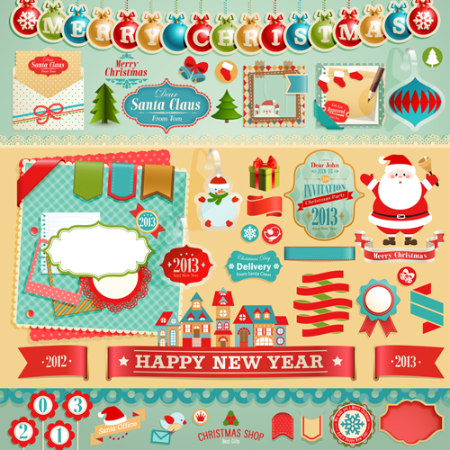 Vintage Christmas labels and elements vector set 05