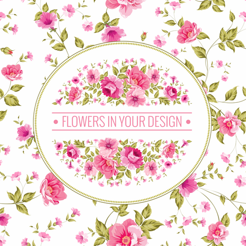 Pink flowers with vintage cards vectors 02