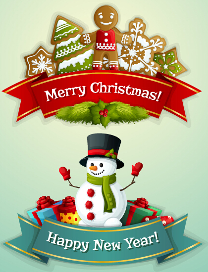 Ribbon christmas with new year labels vector 02