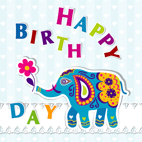Floral elephants with happy birthday background vector 02