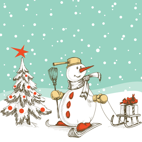 Hand drawn snowman christmas background vector 04