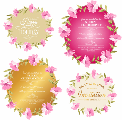 Pink flowers with vintage cards vectors 05