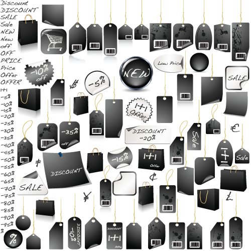 black and yellow discount Tags with Stickers vector 01