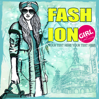 Fashion girl with winter background vector 04
