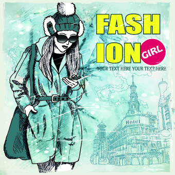 Fashion girl with winter background vector 05