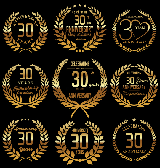 Golden laurel wreath with anniversary celebration labels vector 04