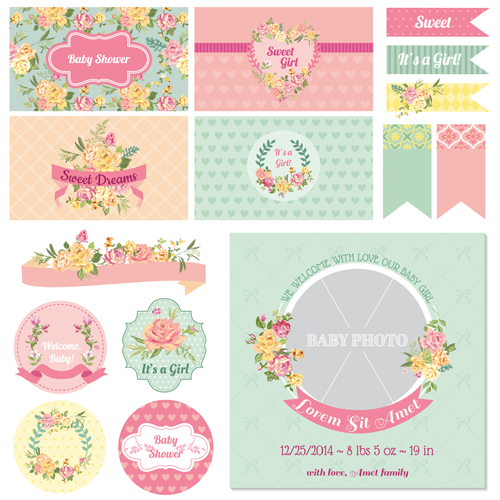 Wedding cards with ornaments material kit vector 01