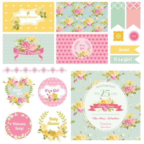 Wedding cards with ornaments material kit vector 04