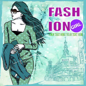 Winter girl with grunge background vector 01