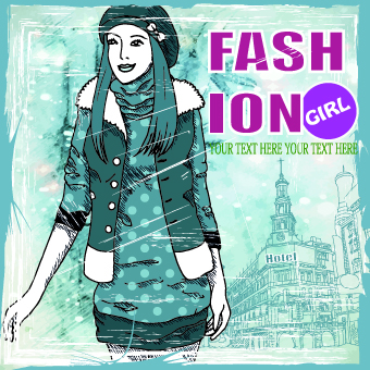 Winter girl with grunge background vector 02