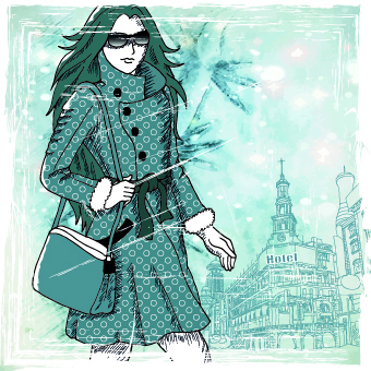 Winter girl with grunge background vector 04