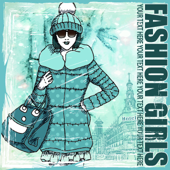 Winter girl with grunge background vector 05
