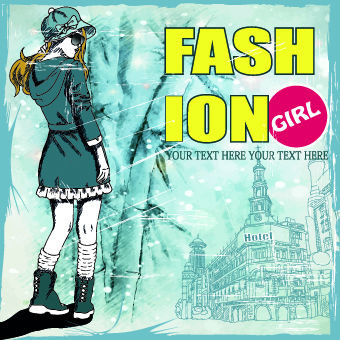 Fashion girl with winter background vector 01