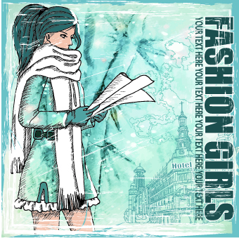 Fashion girl with winter background vector 03