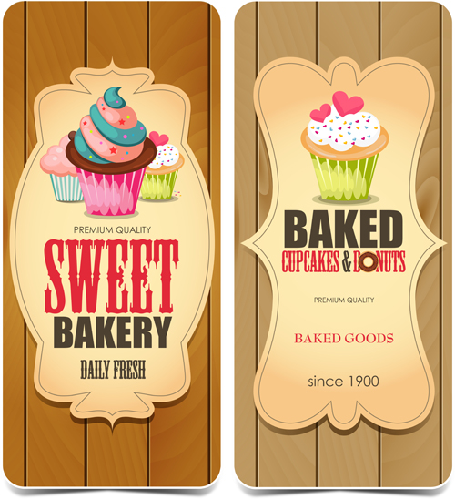 Baked cupcake cards with wood background vector Baked cupcake cards with wood background vector