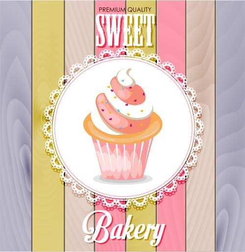 Cupcake lace card and colored wood background vector Cupcake lace card and colored wood background vector