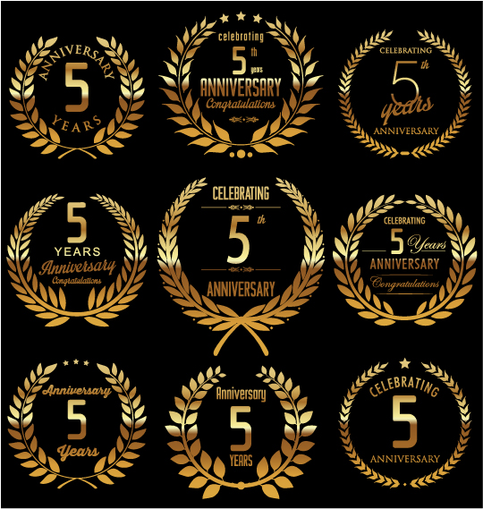 Golden laurel wreath with anniversary celebration labels vector 02