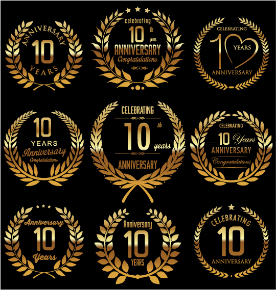 Golden laurel wreath with anniversary celebration labels vector 08