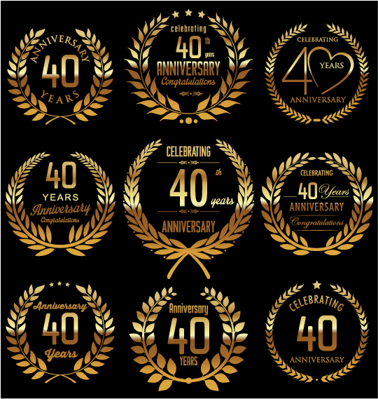 Golden laurel wreath with anniversary celebration labels vector 09