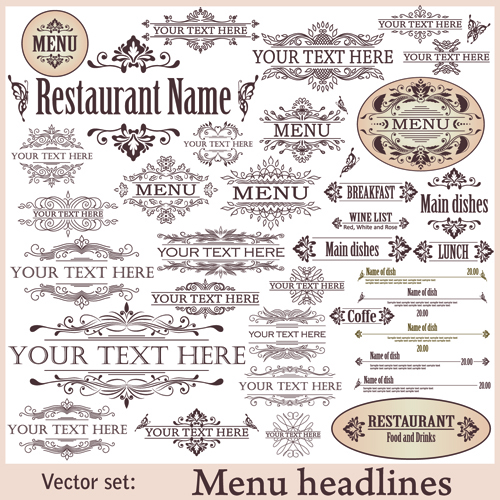Restaurant decor elements vector set 03