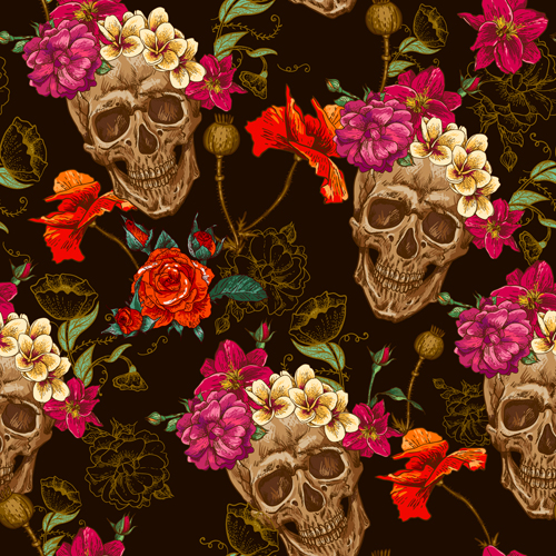 Skull and poppies flower seamless pattern vector