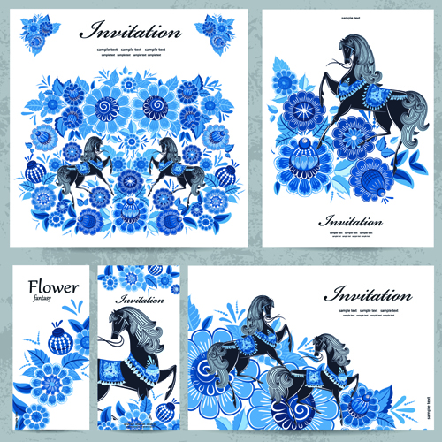 Pattern card horse floral cards blue 