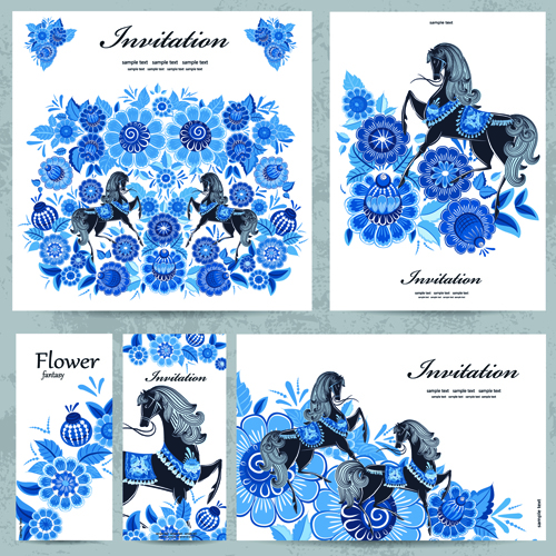 Blue floral with horse pattern cards vector