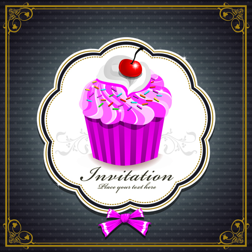 Cute Cupcakes Invitations cards vector set 03