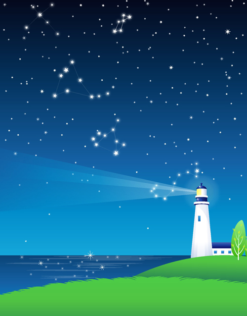 Night sky and searchlights vector background