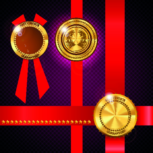 Red banner with golden labels vector material 02
