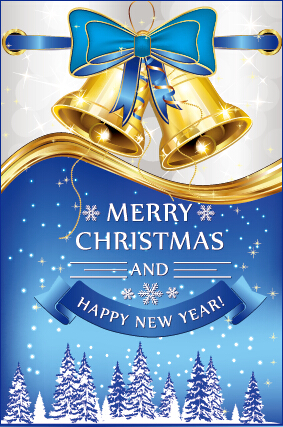 Golden bell christmas with new year blue bow background