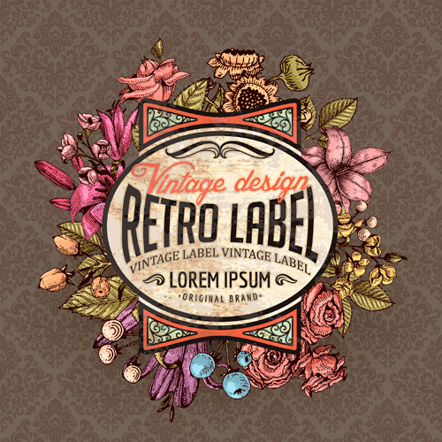 Retro flower labels ornate vector set 04