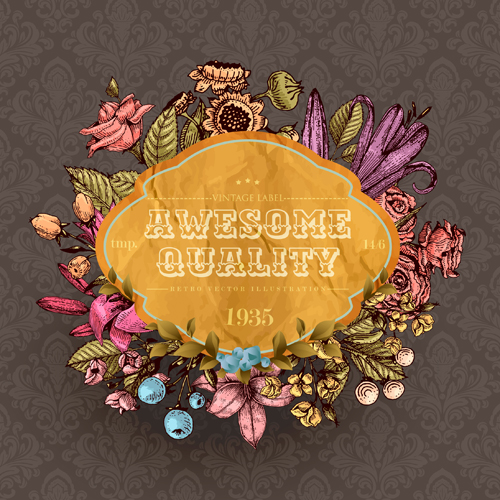 Retro flower labels ornate vector set 05