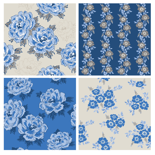Blue retro flowers pattern seamless vector 01