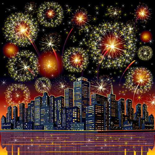 Golden fireworks with city vector