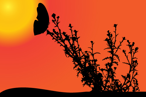 Sunset with butterfly silhouette vector material 02