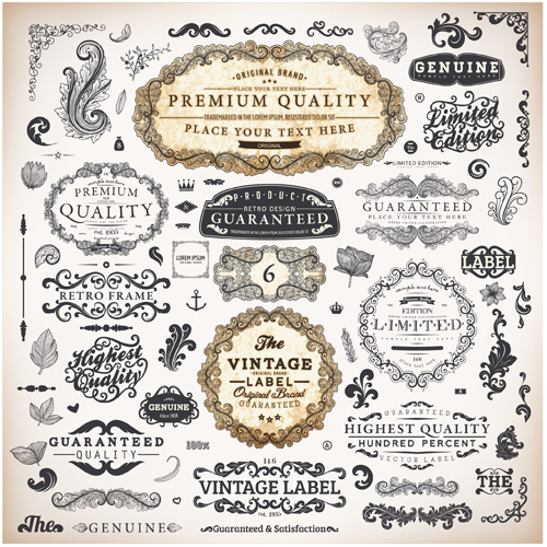 Vintage label and Ornaments design vector set 01