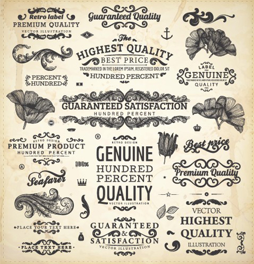 Vintage label and Ornaments design vector set 02