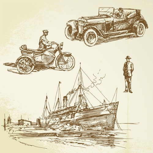 Hand drawn Retro transport elements vector 05