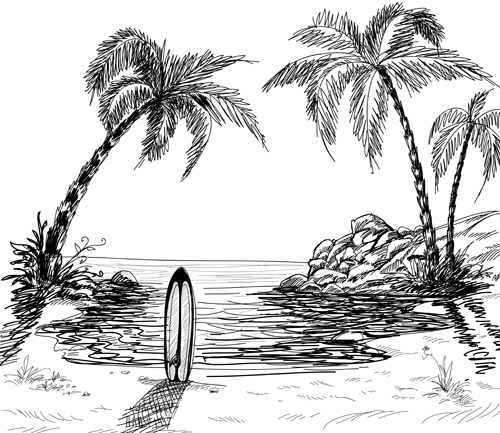 Hand drawn Beach black with white vector 01