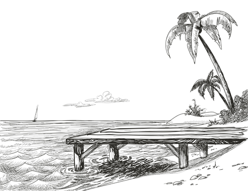 Hand drawn Beach black with white vector 02