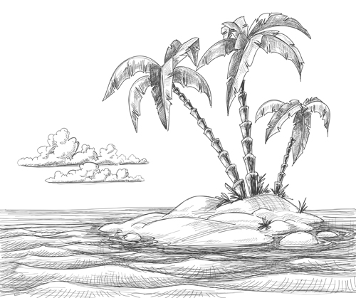 Hand drawn Beach black with white vector 03
