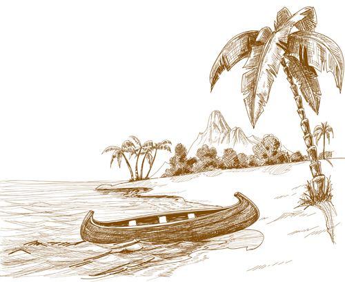Hand drawn Beach black with white vector 04