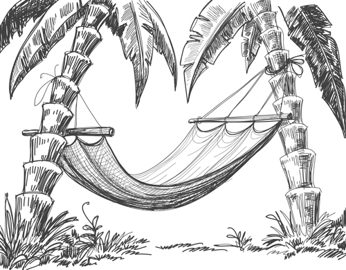 Hand drawn Beach black with white vector 05