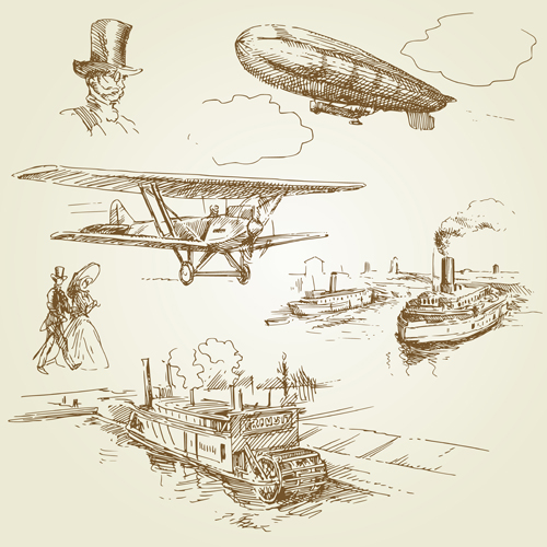 Hand drawn Retro transport elements vector 01