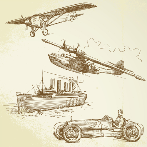 Hand drawn Retro transport elements vector 03
