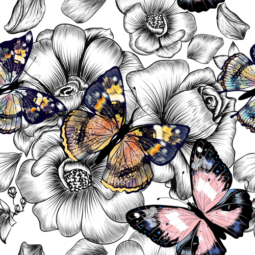 Butterflies with flower hand drawn vector seamless pattern 01 Butterflies with flower hand drawn vector seamless pattern 01