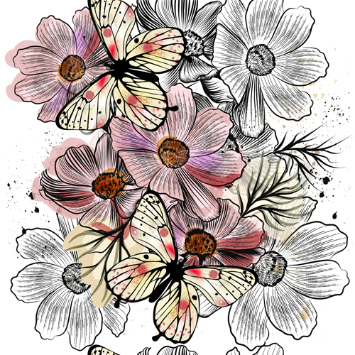 Butterflies with flower hand drawn vector seamless pattern 02 Butterflies with flower hand drawn vector seamless pattern 02