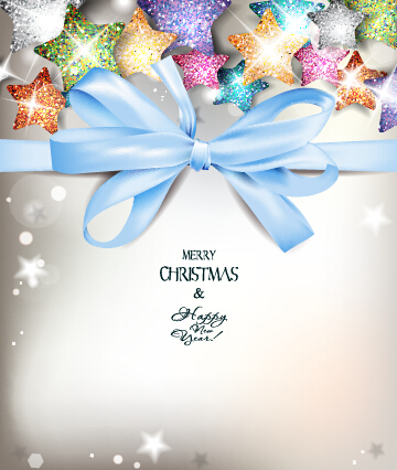Colored stars with blue bow xmas background