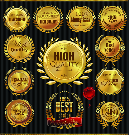 Golden laurel wreath badges vector 01